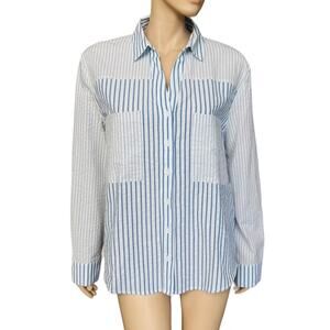 New Azura Stripe Blue /White Set Buttons Down Shirt with Shorts Sz L 100% Cotton
